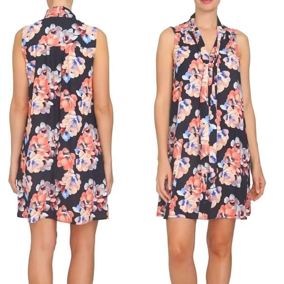 CeCe Black Floral Tie Neck Swing Shift Dress Size 0 - Picture 2 of 12